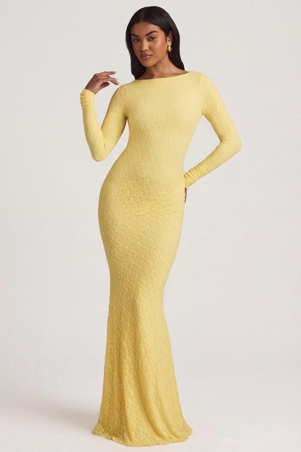 Ruched Backless Lace Maxi Dress in Pastel Yellow - 9