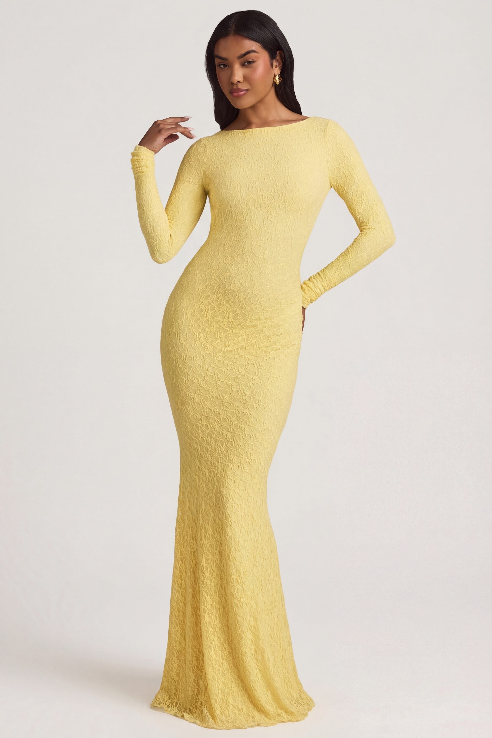 Ruched Backless Lace Maxi Dress in Pastel Yellow