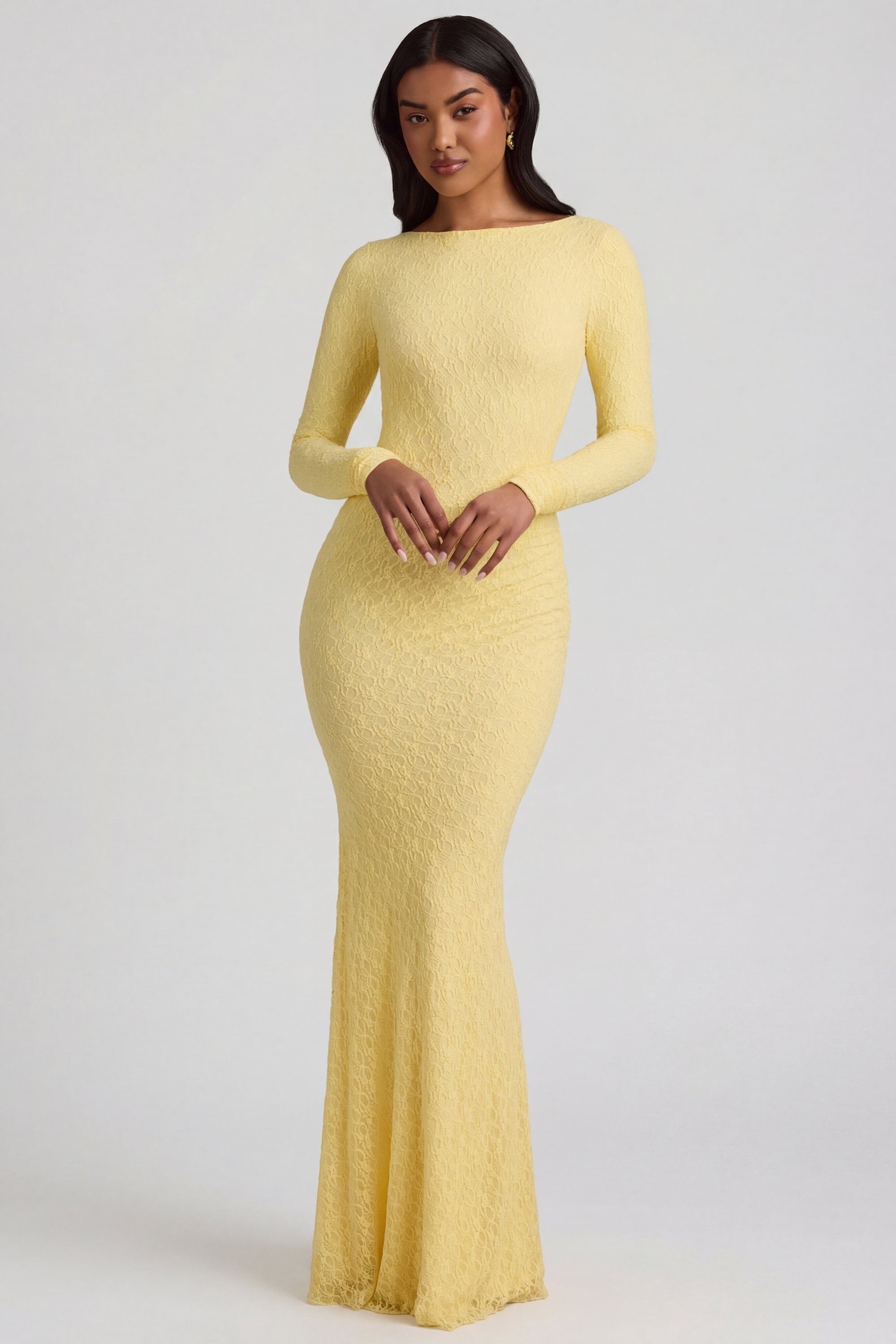 Ruched Backless Lace Maxi Dress in Pastel Yellow