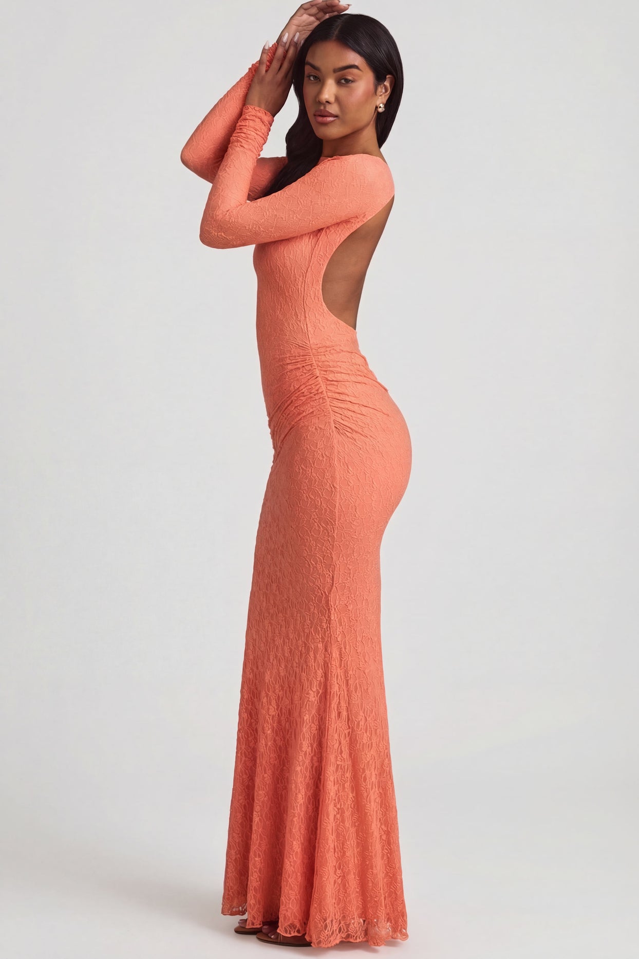 Ruched Backless Lace Maxi Dress in Peach - 3