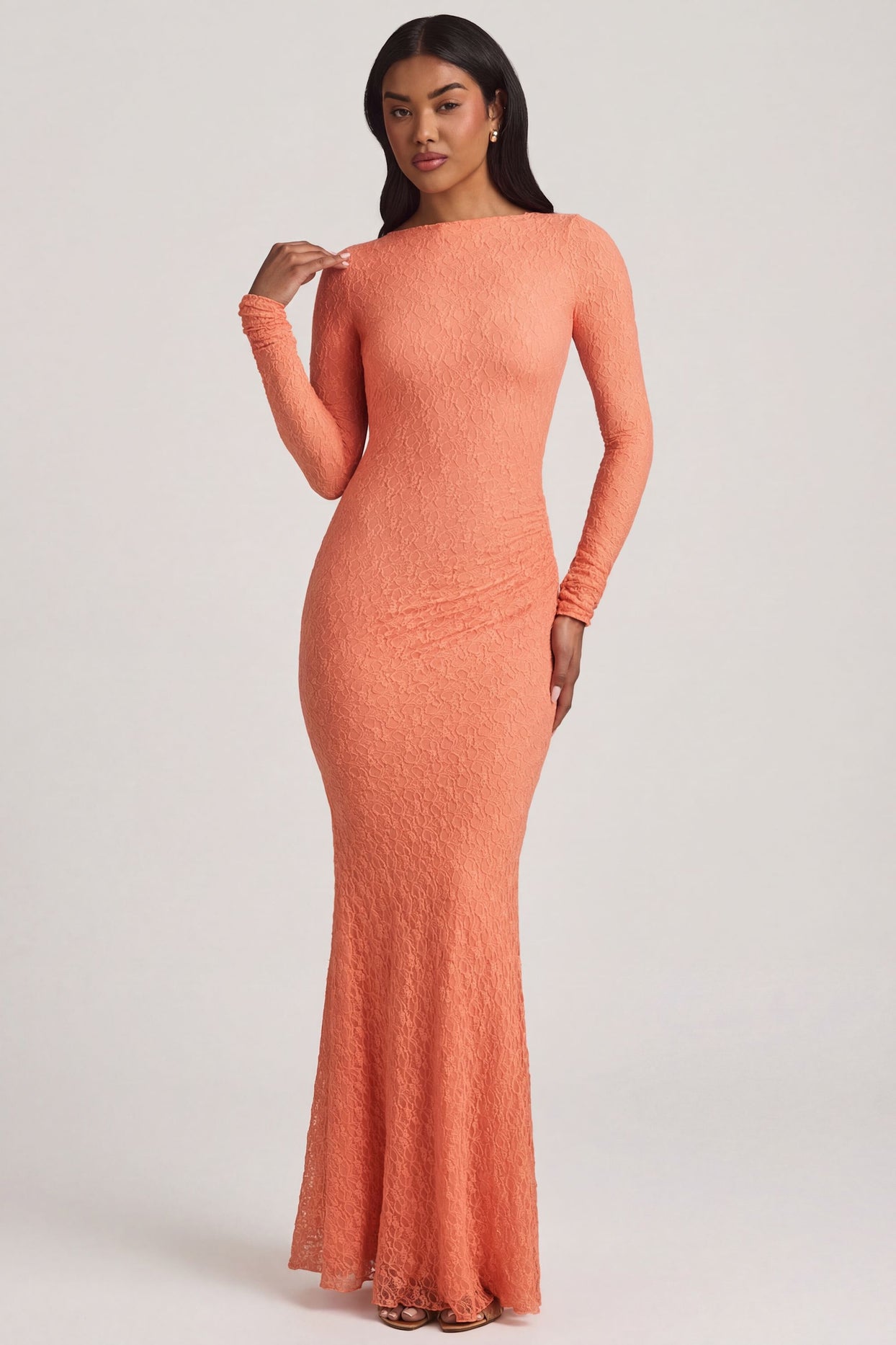 chinese dress ladies Tarini Ruched Backless Lace Maxi Dress in Peach