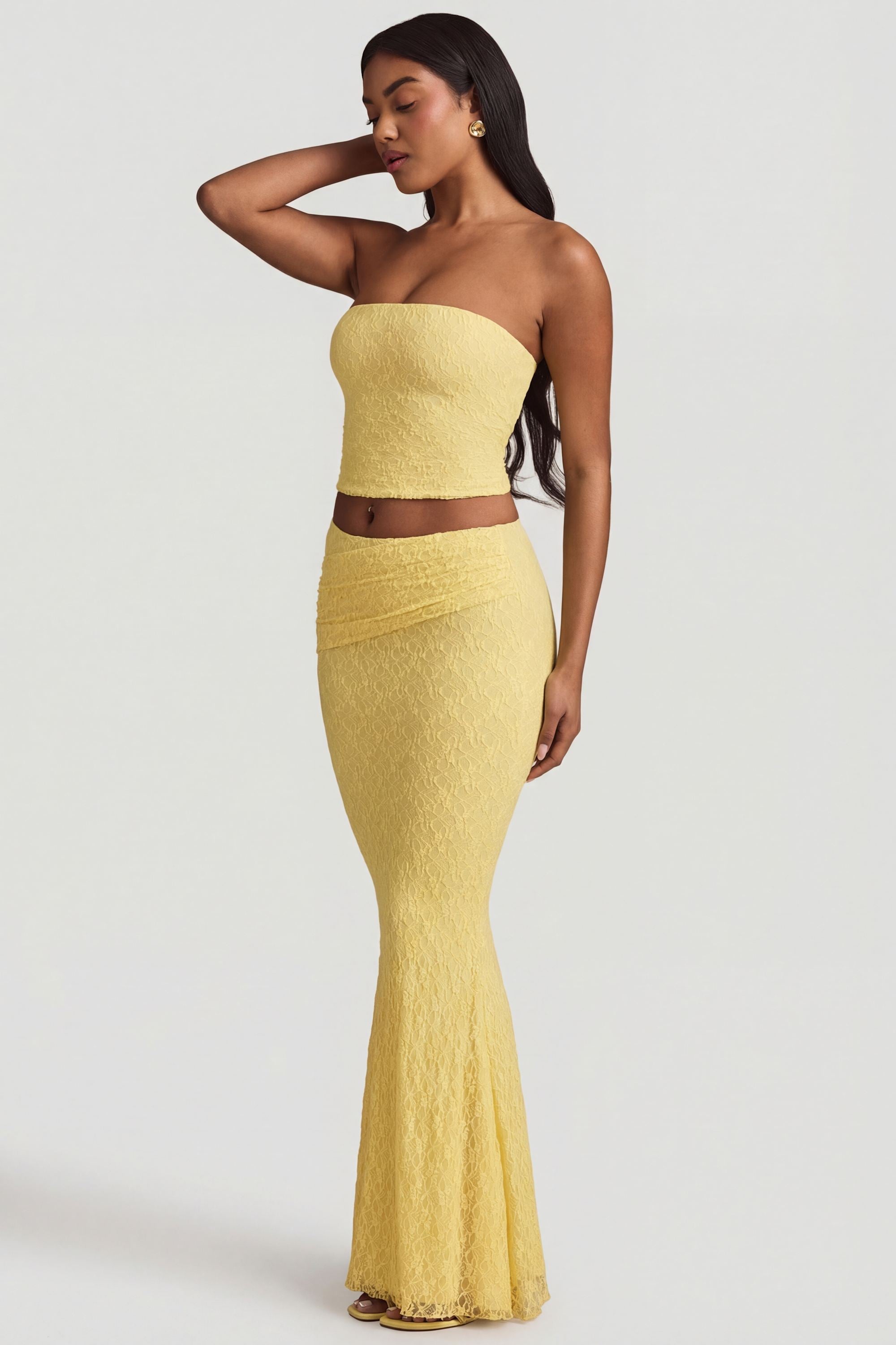 Ruched Strapless Lace Top in Pastel Yellow