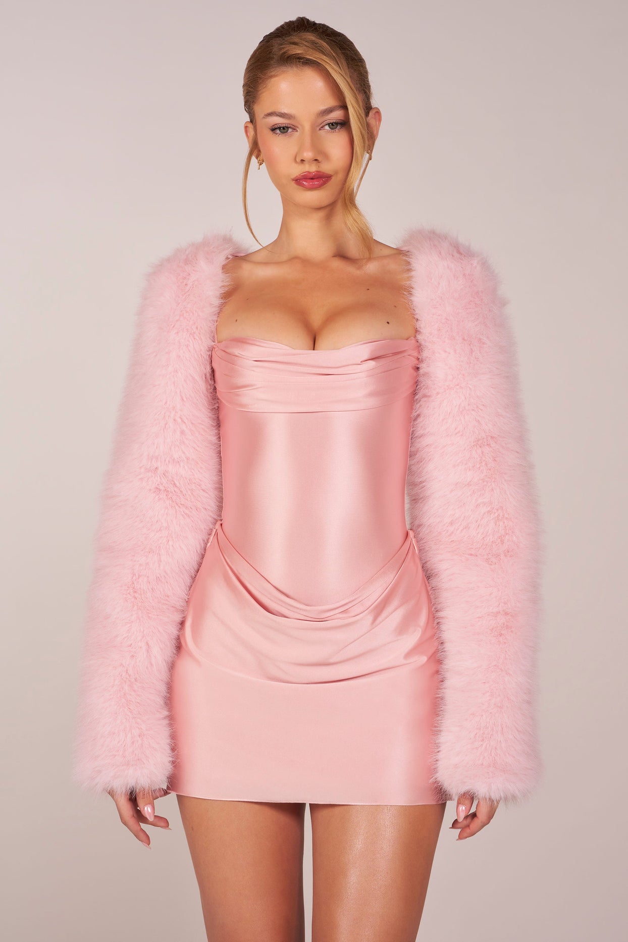 Faux Fur Tie-Up Sleeves in Pink