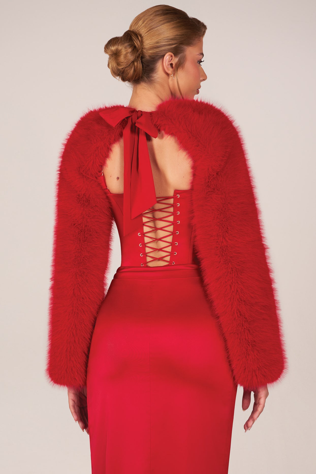 Faux Fur Tie-Up Sleeves in Rose Red