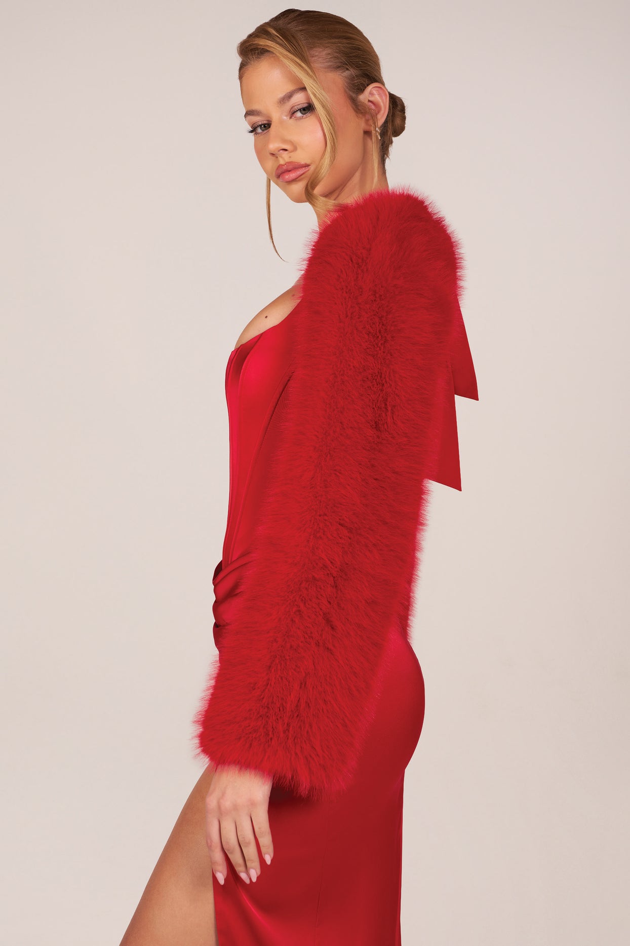 Faux Fur Tie-Up Sleeves in Rose Red