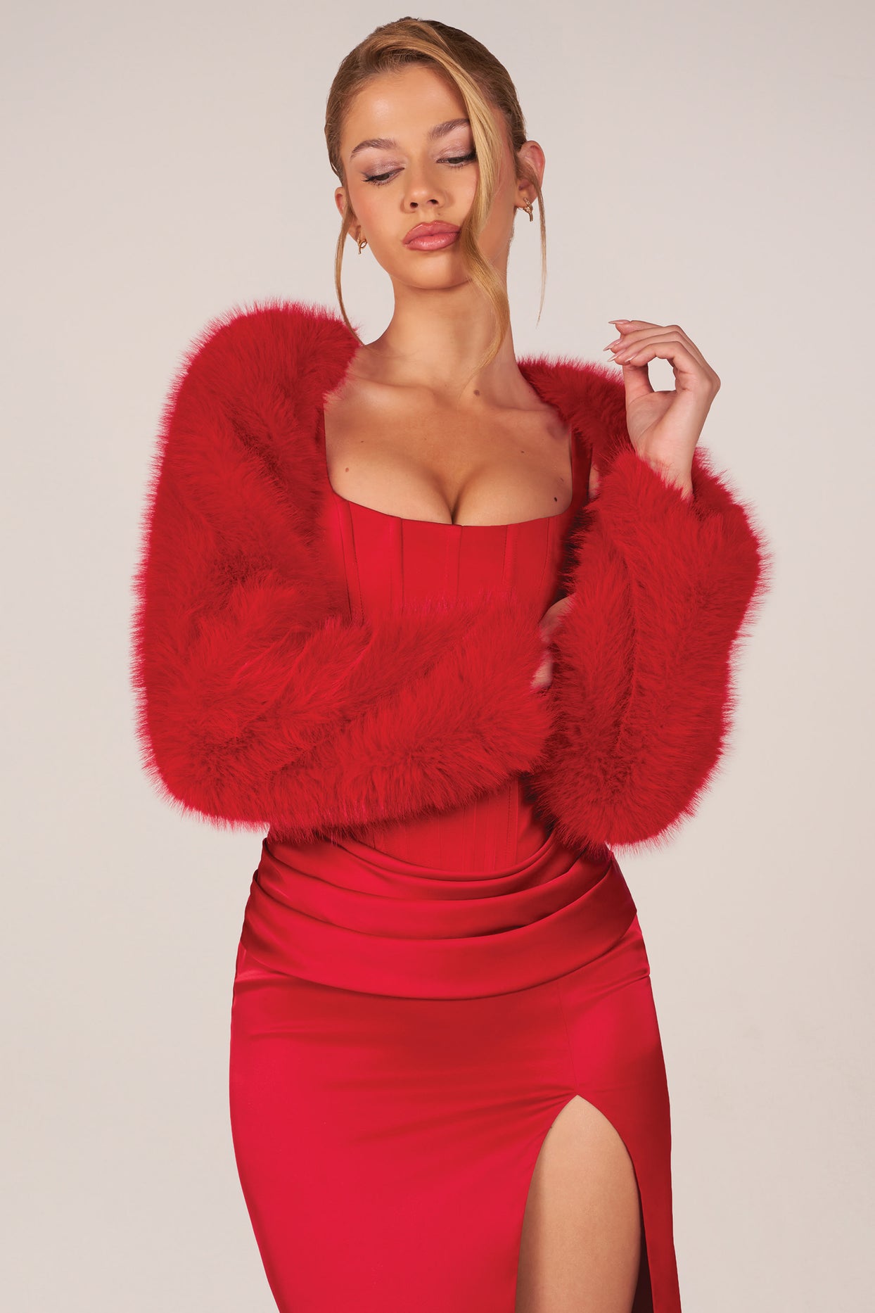 Faux Fur Tie-Up Sleeves in Rose Red