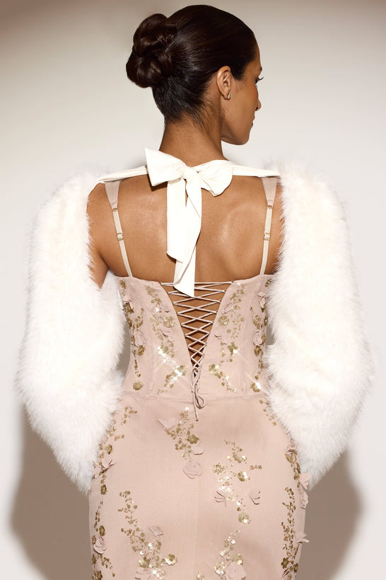 Faux Fur Tie-up Sleeves in White