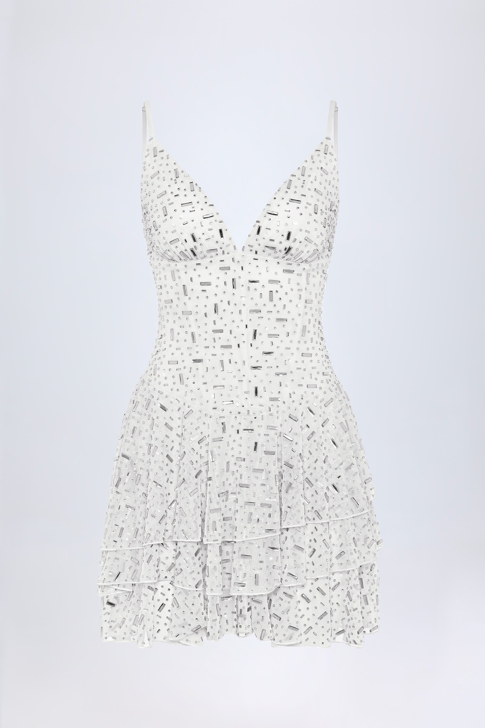 Embellished Ruffled Tiered Mini Dress in White
