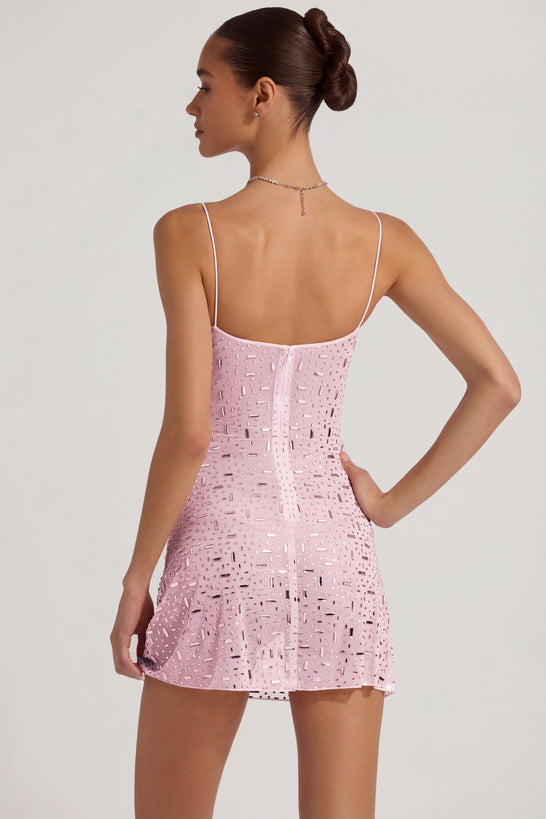 Oh Polly's Anna wearing the Averie Mini Dress in Pink Mesh fabric perfect for rooftop brunch dates