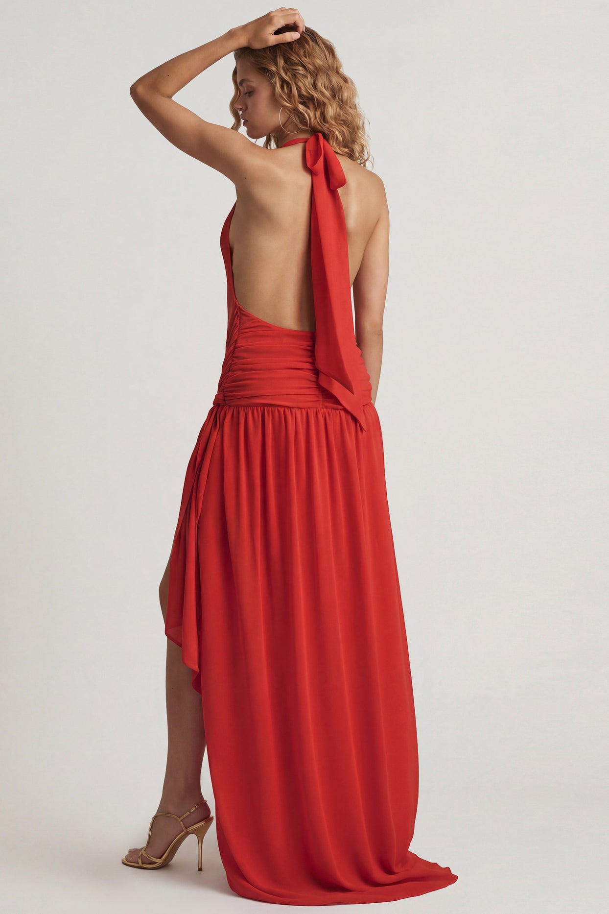 Oh Polly's Juliana Nulu wearing the Oliana Maxi Dress in Chilli Red Chiffon fabric perfect for summer weddings