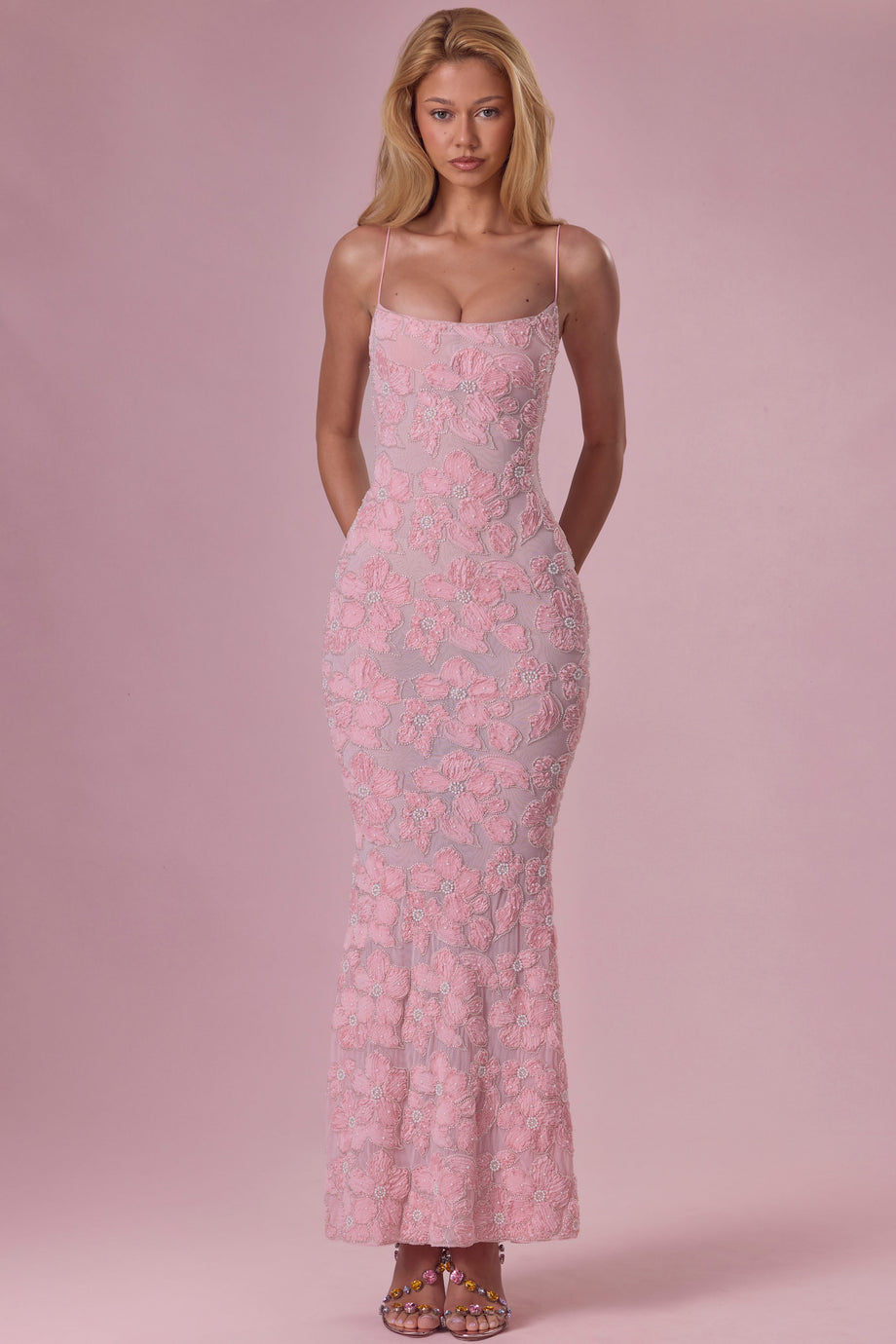 Embellished Square Neck Maxi Dress in Blush Pink