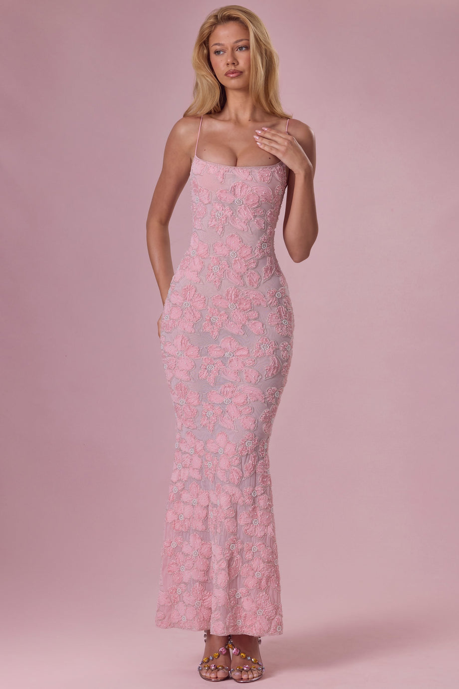 Embellished Square Neck Maxi Dress in Blush Pink