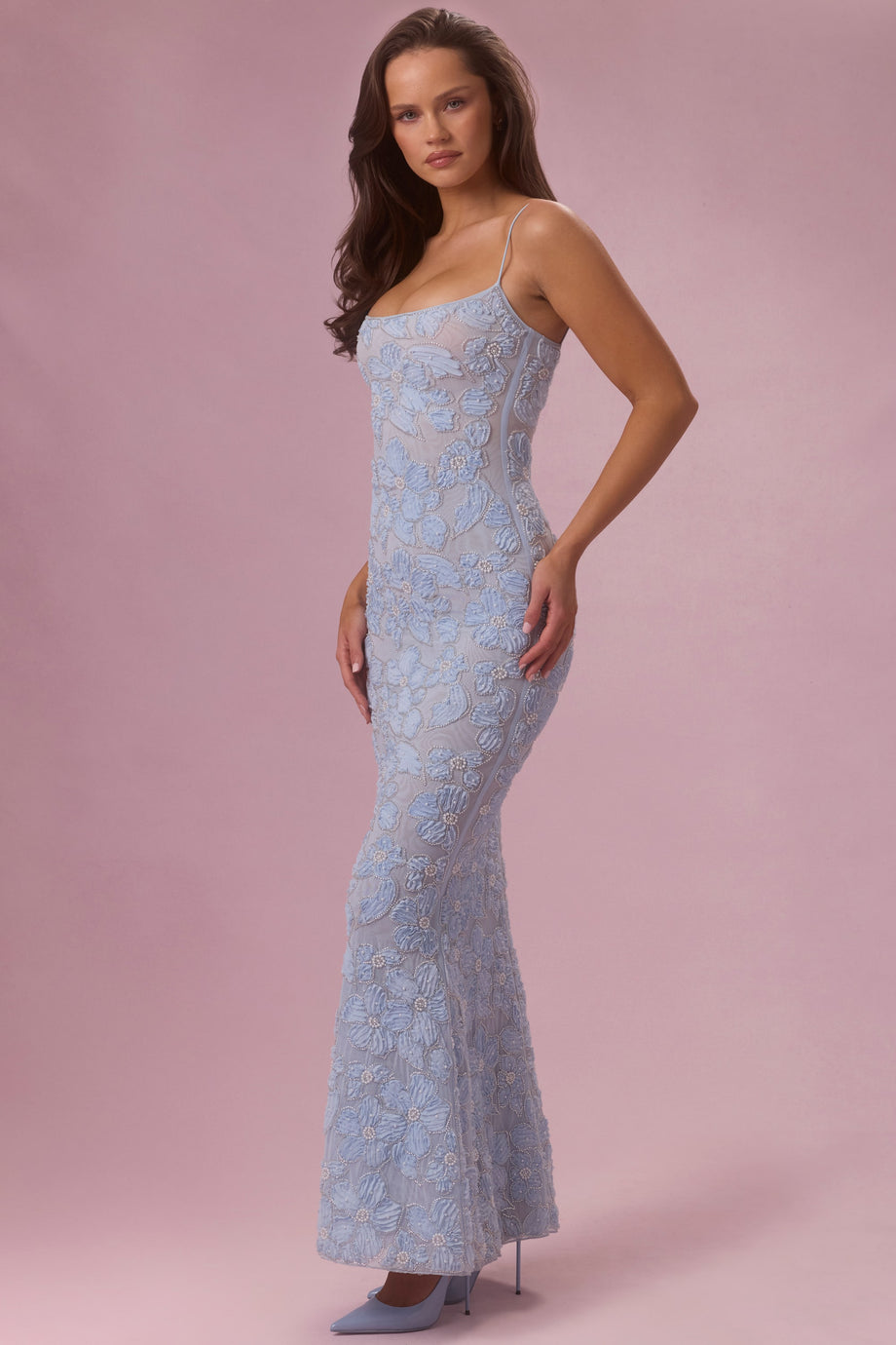 Embellished Square Neck Maxi Dress in Powder Blue