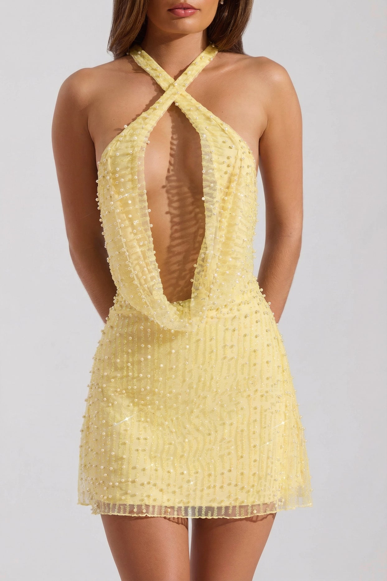Embellished Cowl-Neck Backless Mini Dress in Yellow - 4