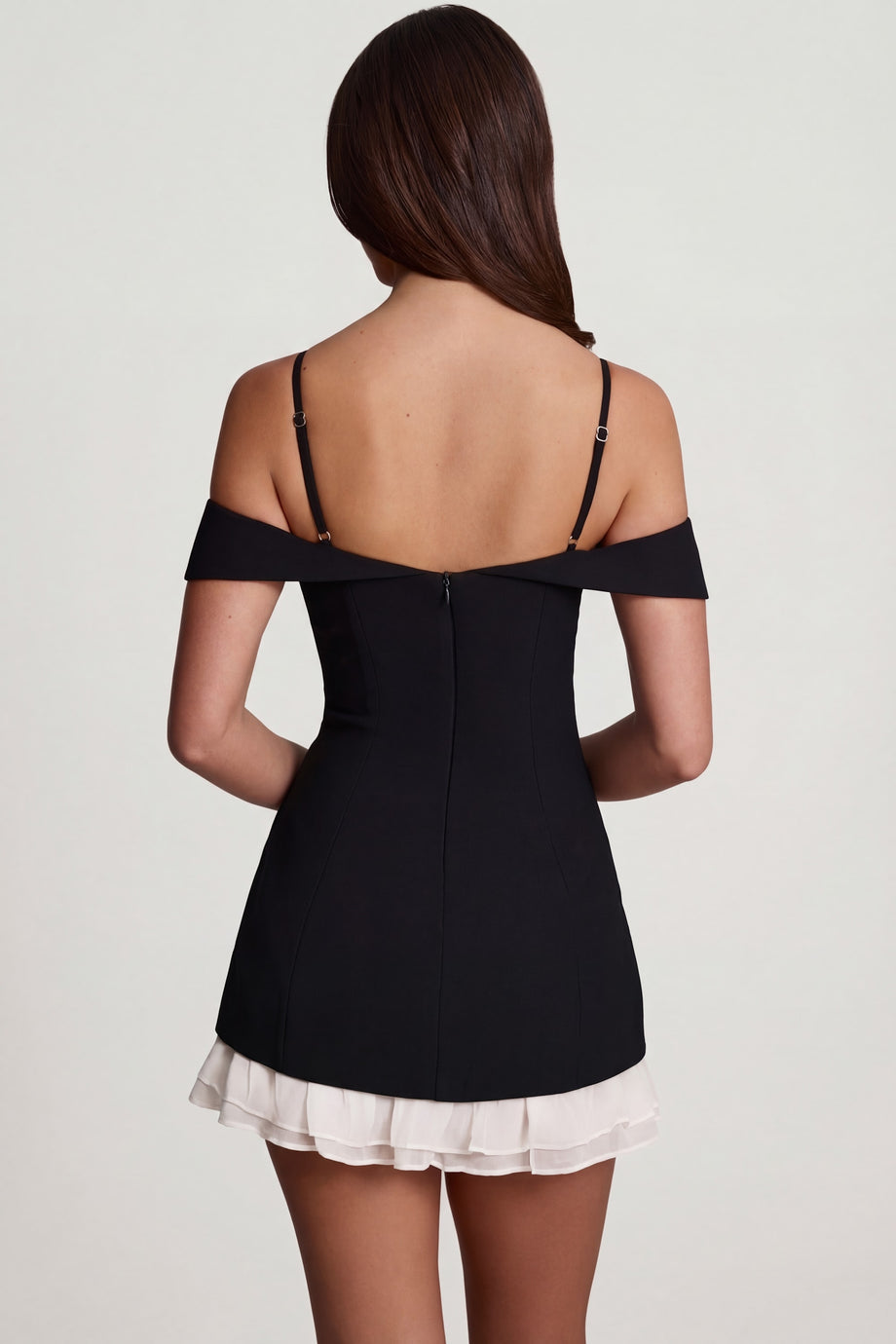 Oh Polly's Roberta wearing the Maelie Mini Dress in Black Chiffon, Bonded Crepe fabric, perfect for cocktail parties