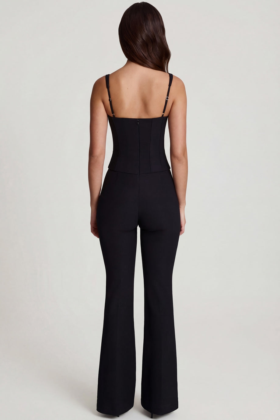 Oh Polly's Roberta wearing the Élanie Regular Jumpsuit in Black Bonded Crepe fabric perfect for a night out