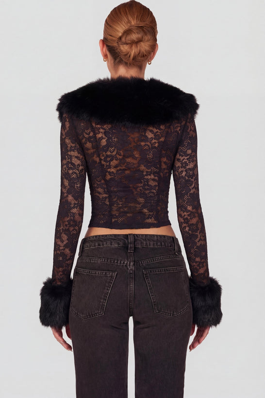 Oh Polly's Roberta wearing the Noemy Cardigan in Black Stretch Lace, Faux Fur fabric, perfect for evening parties