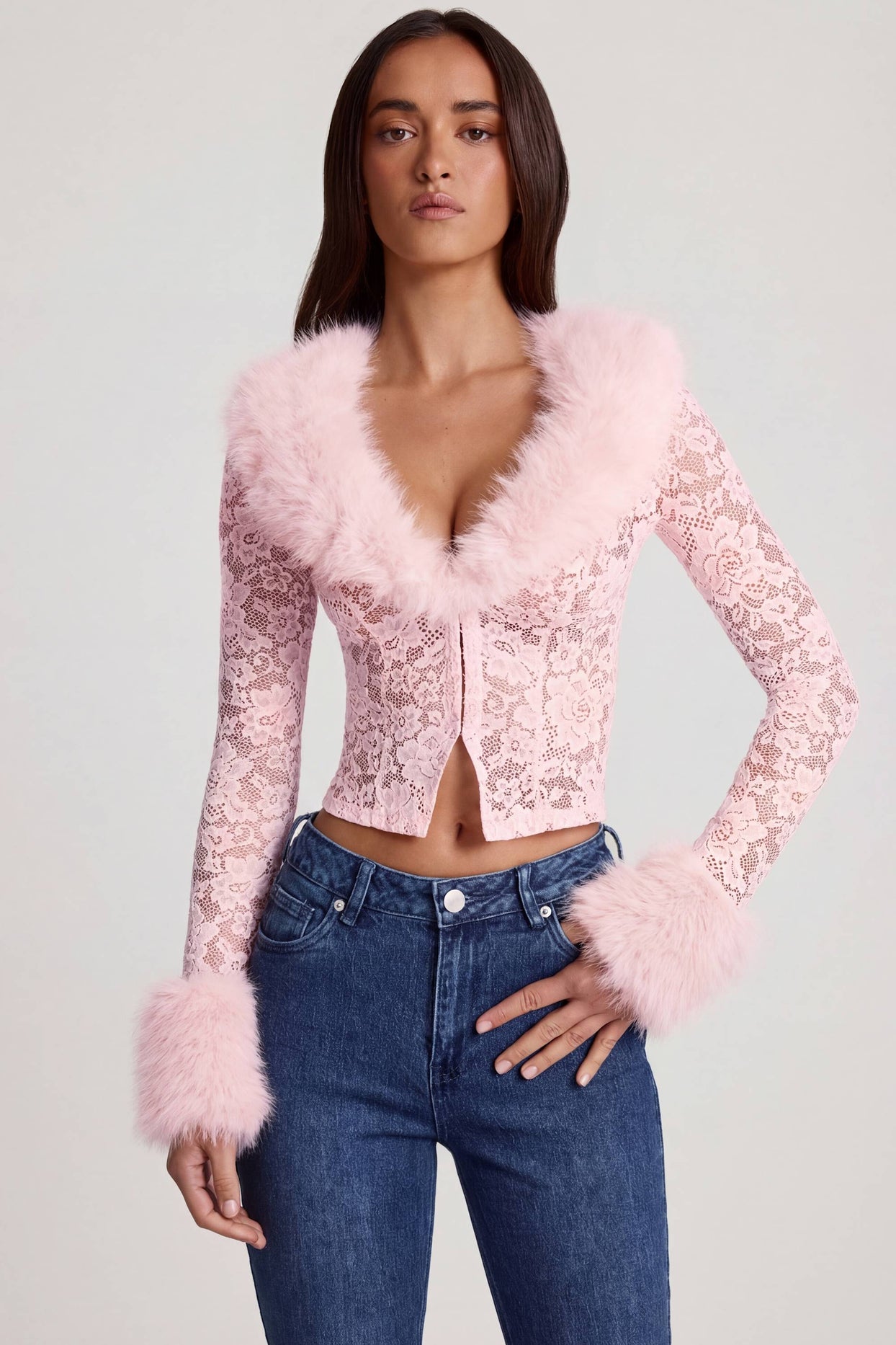 Oh Polly's Roberta wearing the Noemy Cardigan in Pink Stretch Lace, Faux Fur fabric perfect for brunch with friends