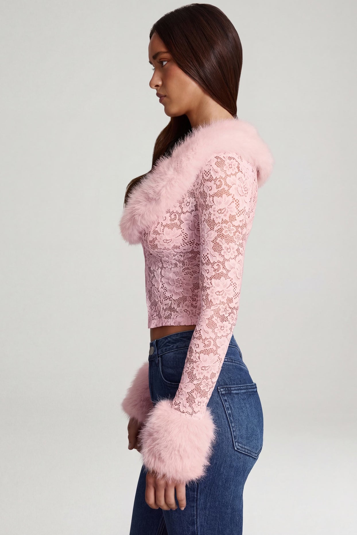 Oh Polly's Roberta wearing the Noemy Cardigan in Pink Stretch Lace, Faux Fur fabric perfect for cozy winter evenings