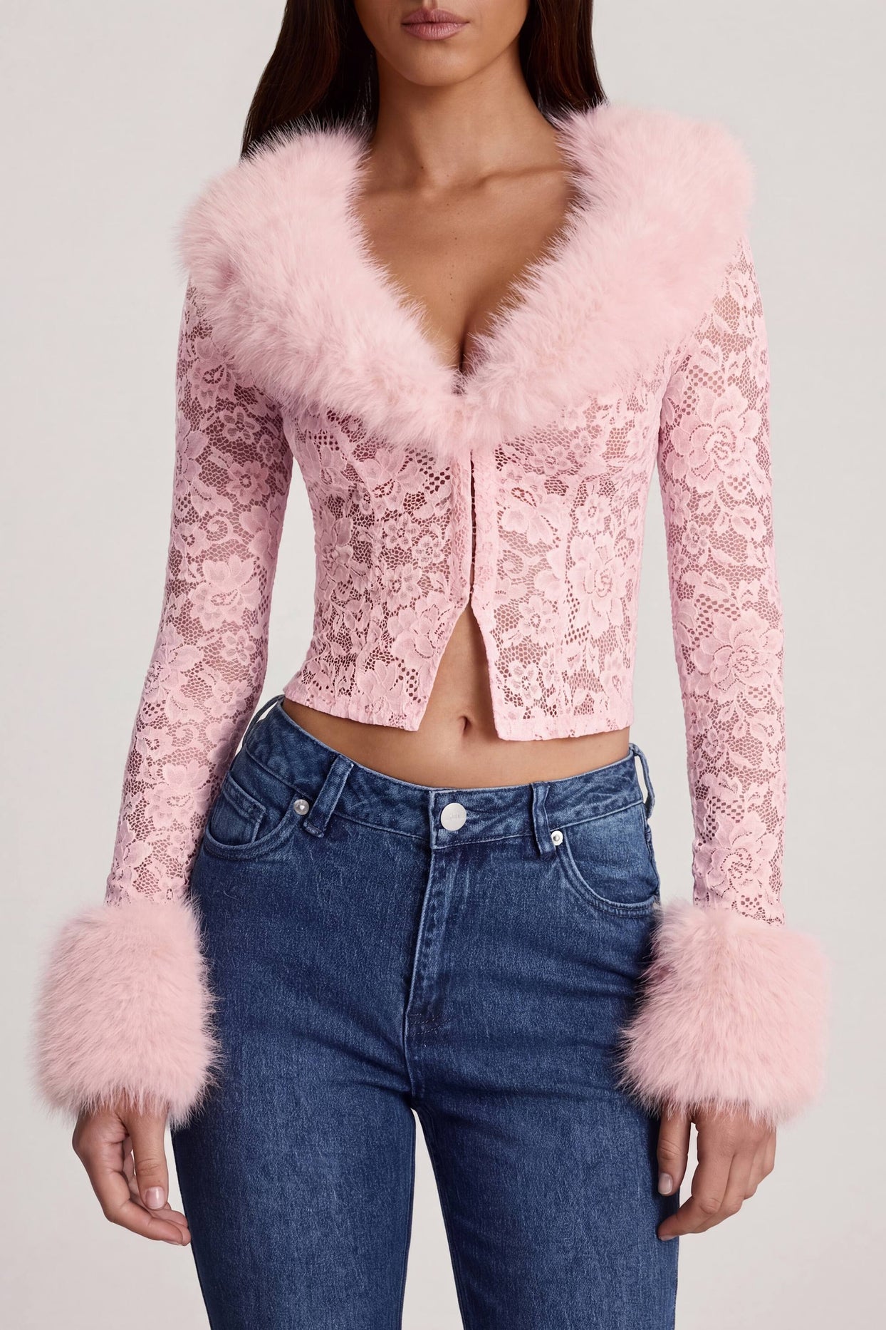 Oh Polly's Roberta wearing the Noemy Cardigan in Pink Stretch Lace, Faux Fur fabric perfect for cozy winter evenings