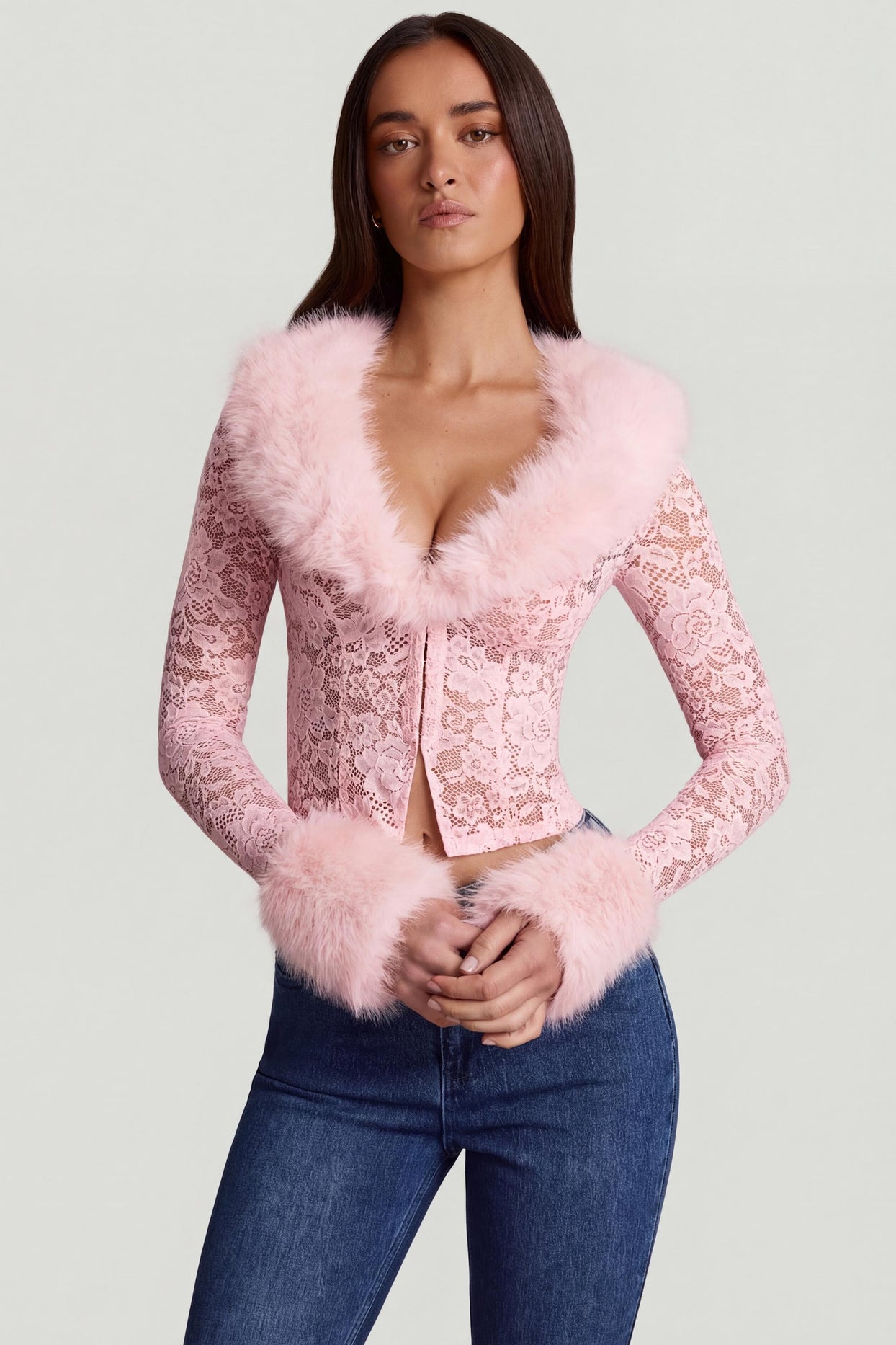 Oh Polly's Roberta wearing the Noemy Cardigan in Pink Stretch Lace, Faux Fur fabric perfect for girls' night out