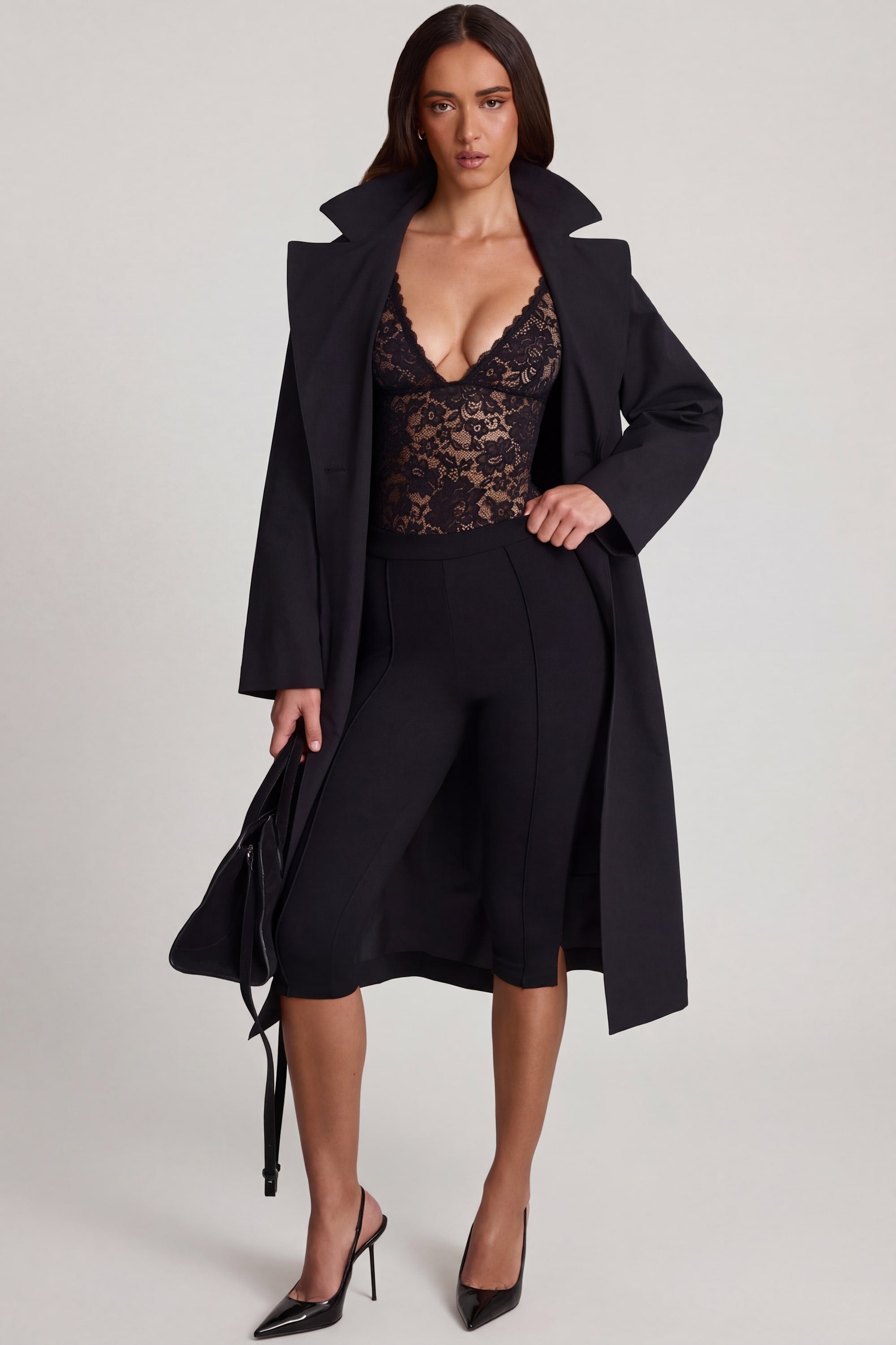 Zayla Plunge-Neck Lace Bodysuit in Black | Oh Polly