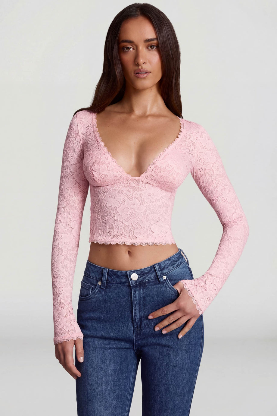 Oh Polly's Roberta wearing the Lioren Full Top in Pink Stretch Lace fabric perfect for summer brunches
