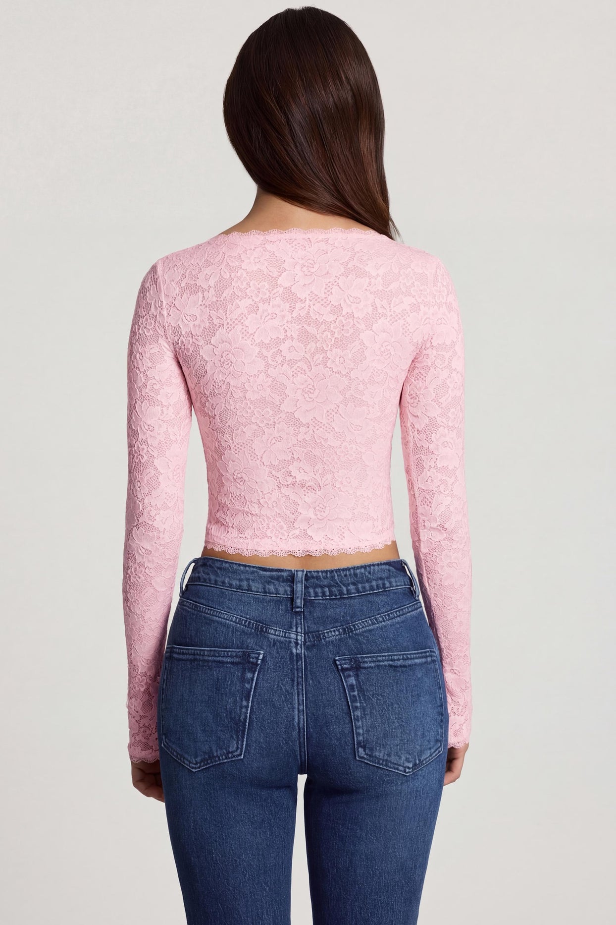 Oh Polly's Roberta wearing the Lioren Full Top in Pink Stretch Lace fabric perfect for summer brunches