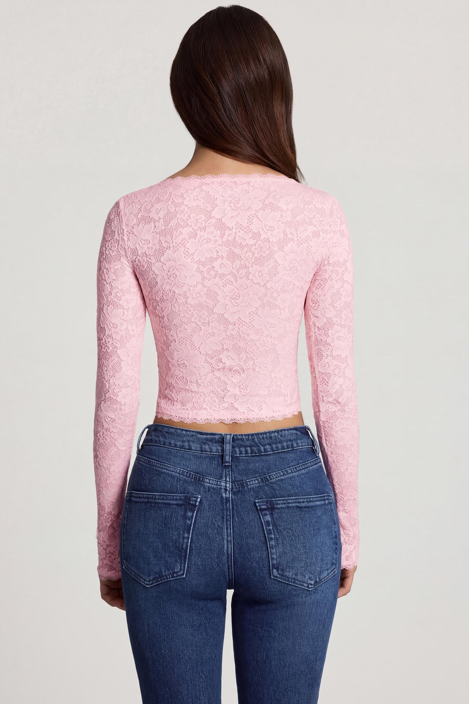 Oh Polly's Roberta wearing the Lioren Full Top in Pink Stretch Lace fabric perfect for summer brunches