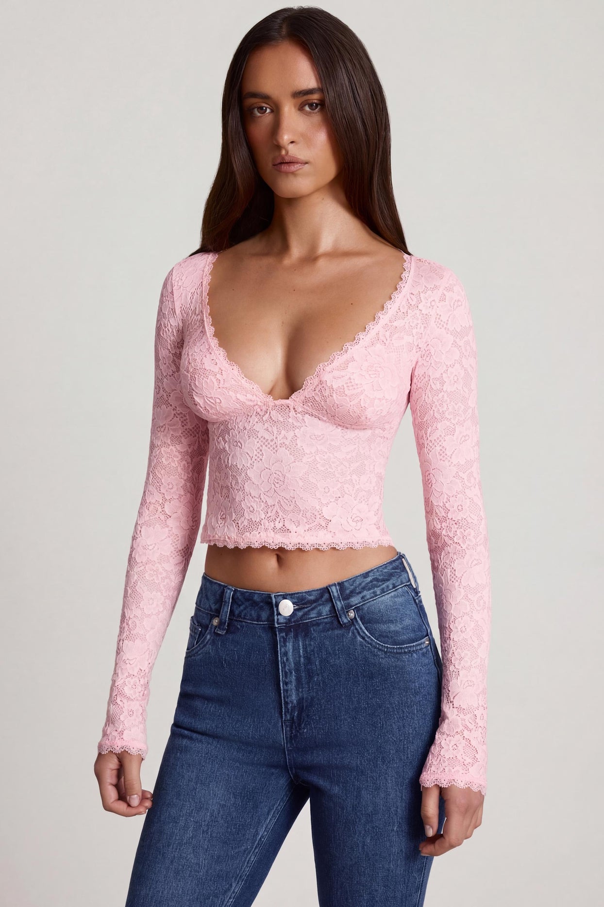 Oh Polly's Roberta wearing the Lioren Full Top in Pink Stretch Lace fabric perfect for girls' night out