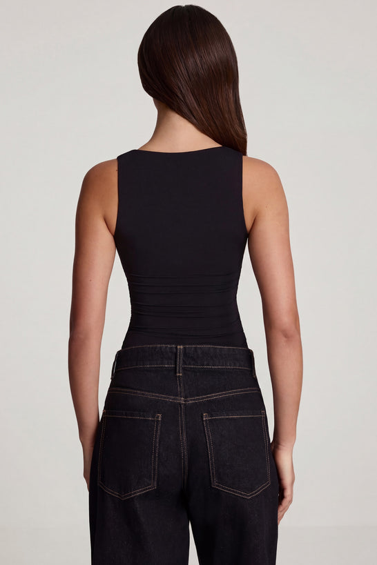 Oh Polly's Roberta wearing the Mirandria Full Top in Black Sheer Jersey fabric perfect for a night out