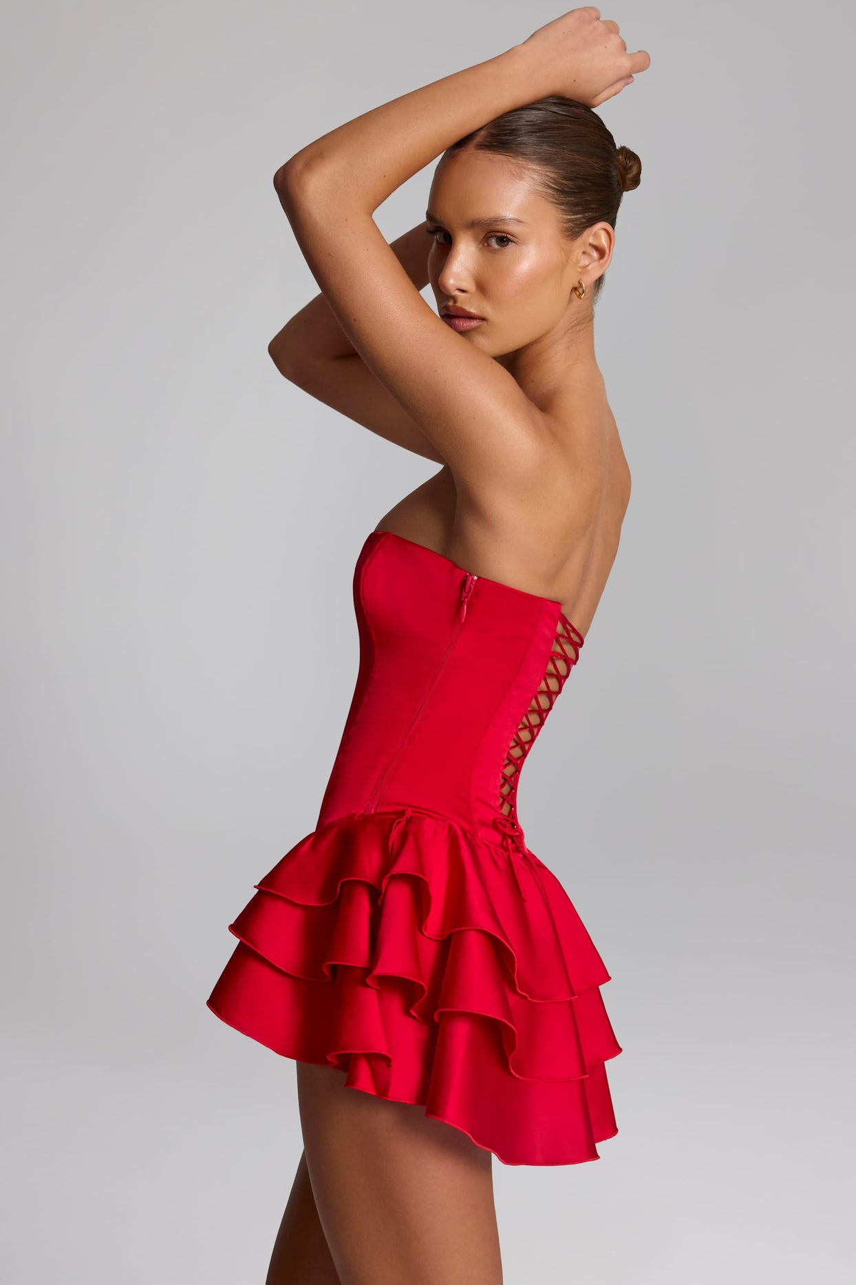 Ruffled Lace-Up Corset Playsuit in Fire Red