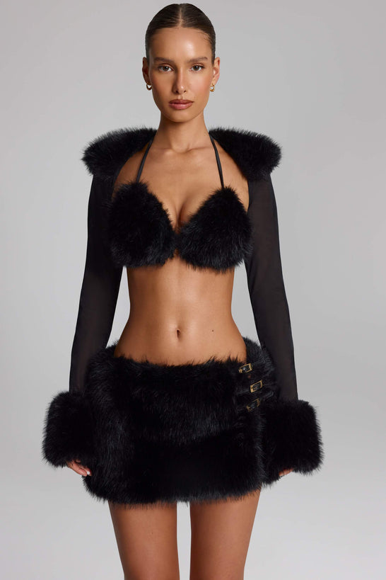Faux Fur-Trim Bolero in Black