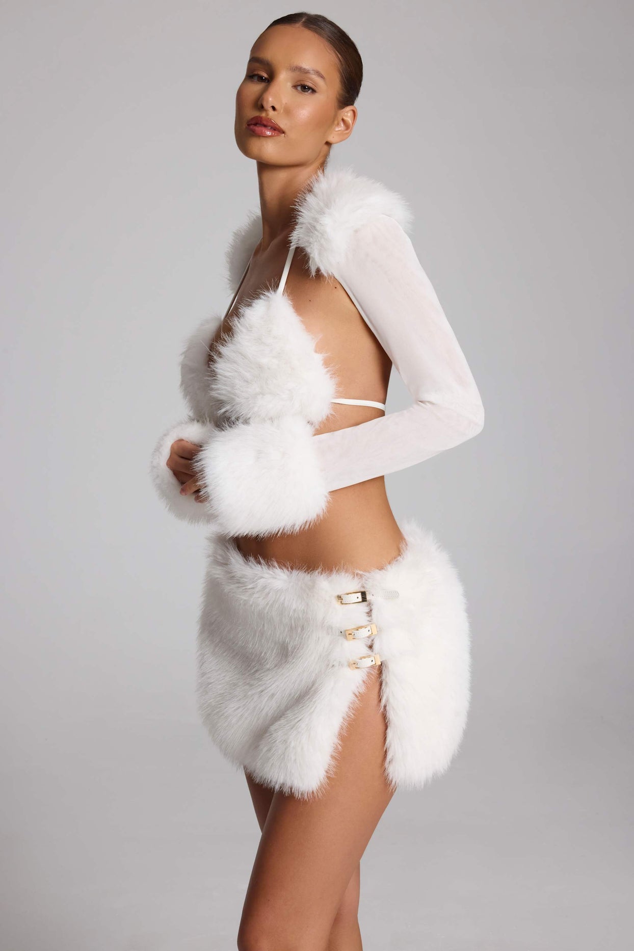 Faux Fur-Trim Bolero in White