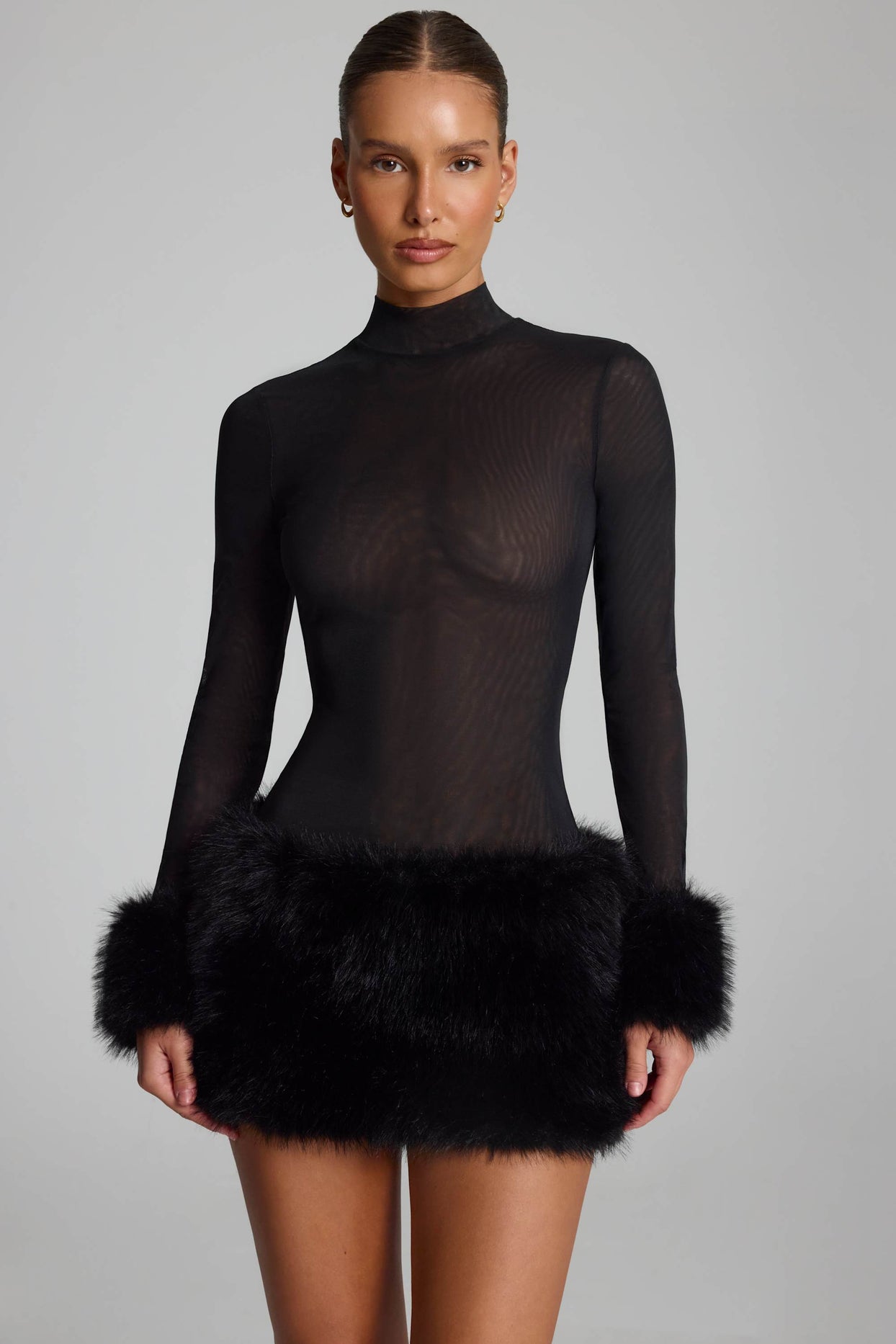 Faux Fur-Trim Turtleneck Mini Dress in Black