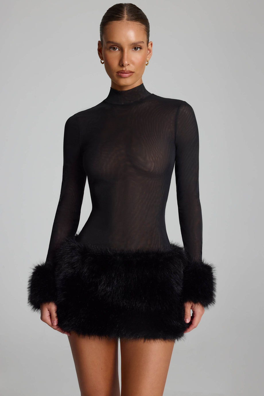 Faux Fur-Trim Turtleneck Mini Dress in Black