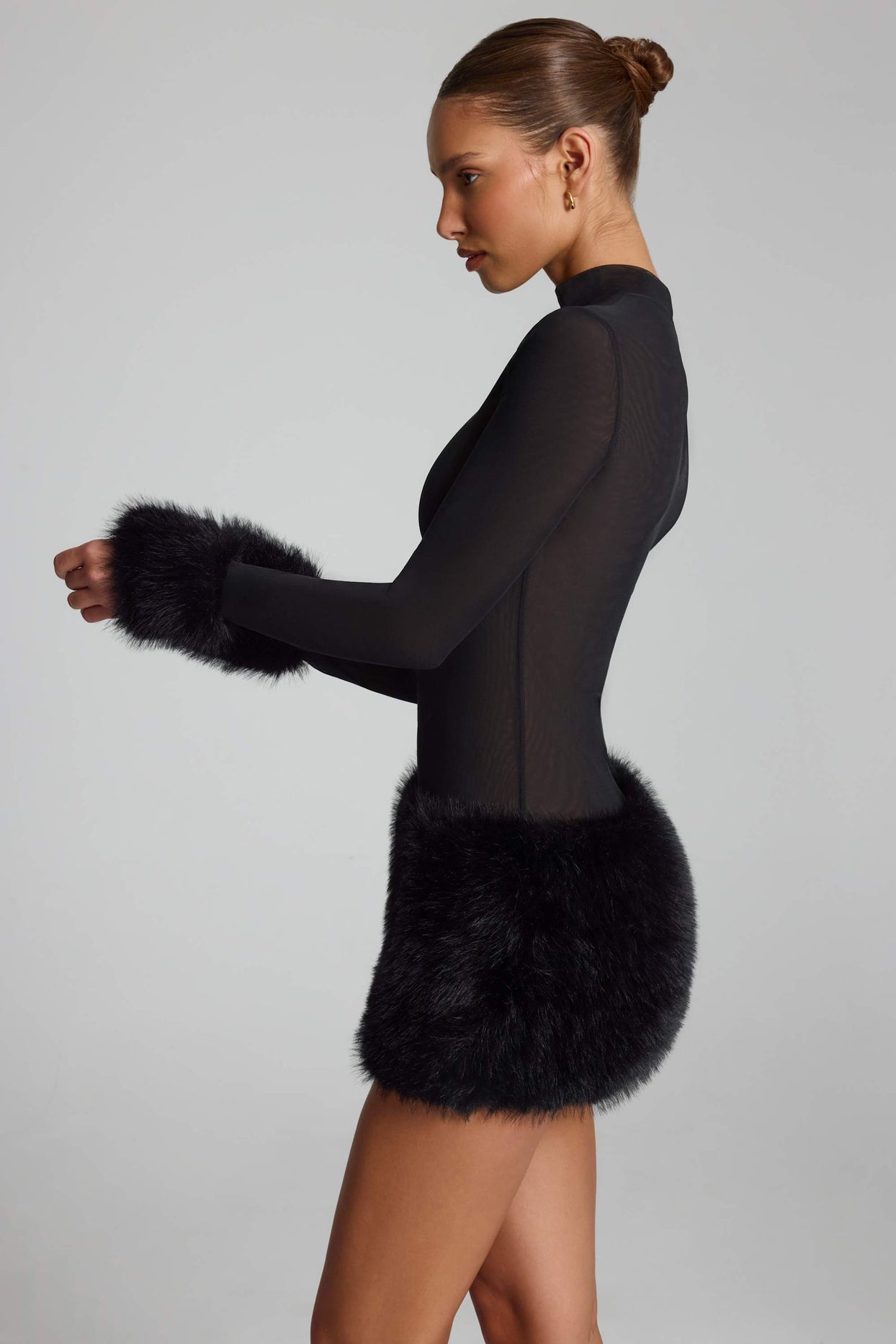 Faux Fur-Trim Turtleneck Mini Dress in Black