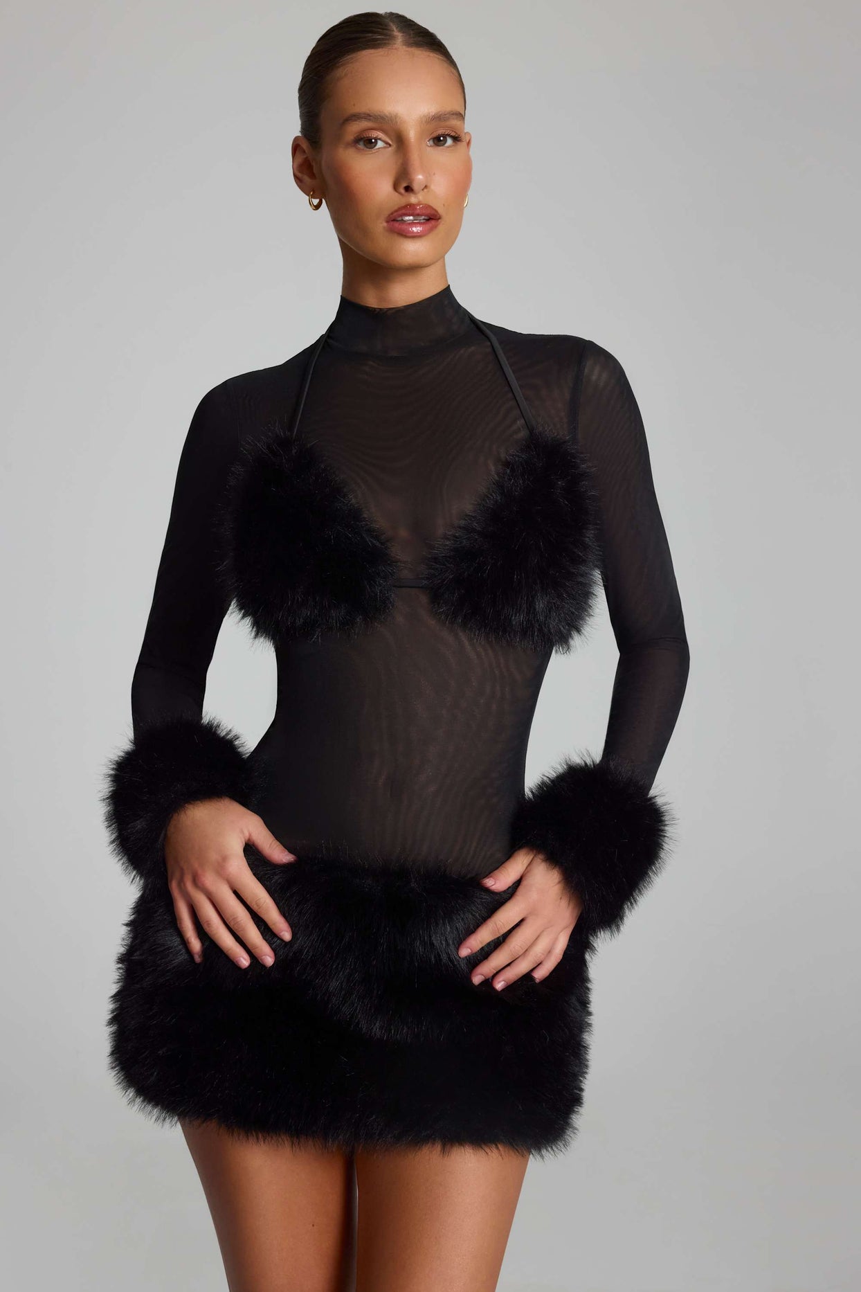 Faux Fur-Trim Turtleneck Mini Dress in Black