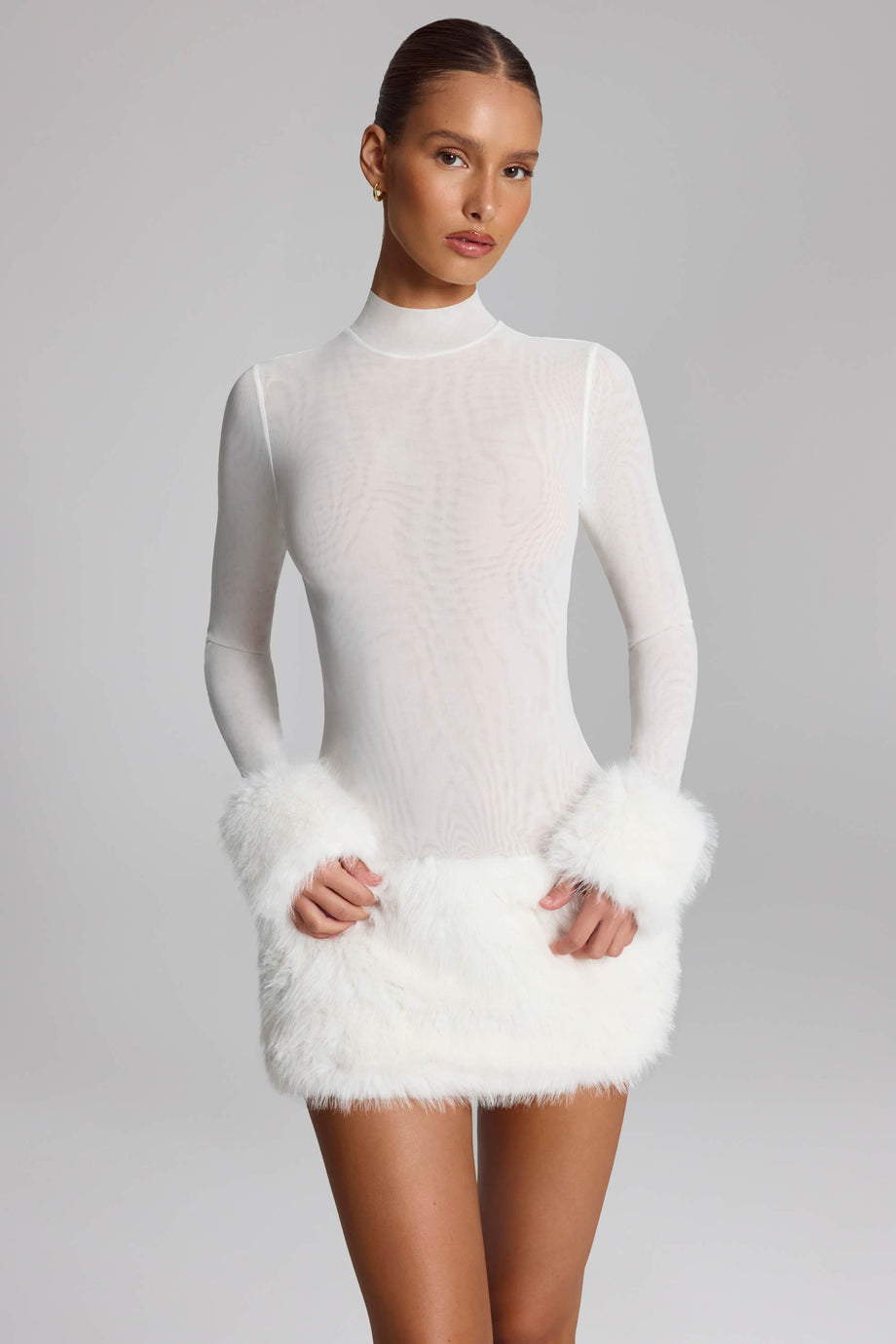 Faux Fur-Trim Turtleneck Mini Dress in White
