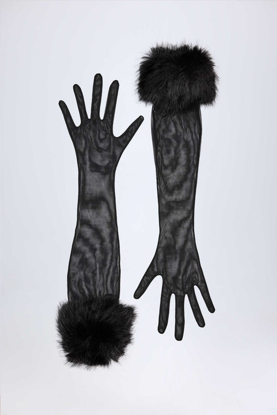 Faux Fur-Trim Gloves in Black