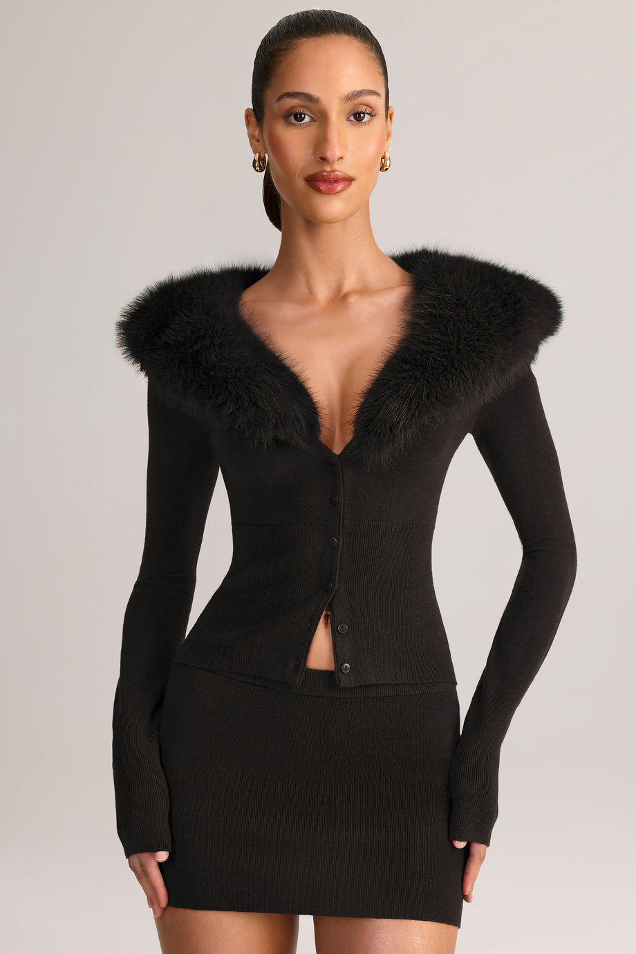 Faux Fur-Trim Cardigan in Black