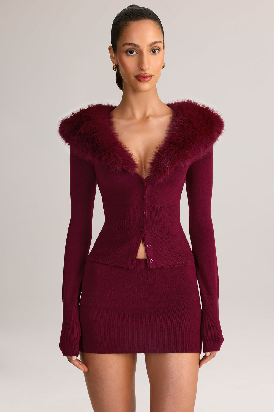 Faux Fur-Trim Cardigan in Wine