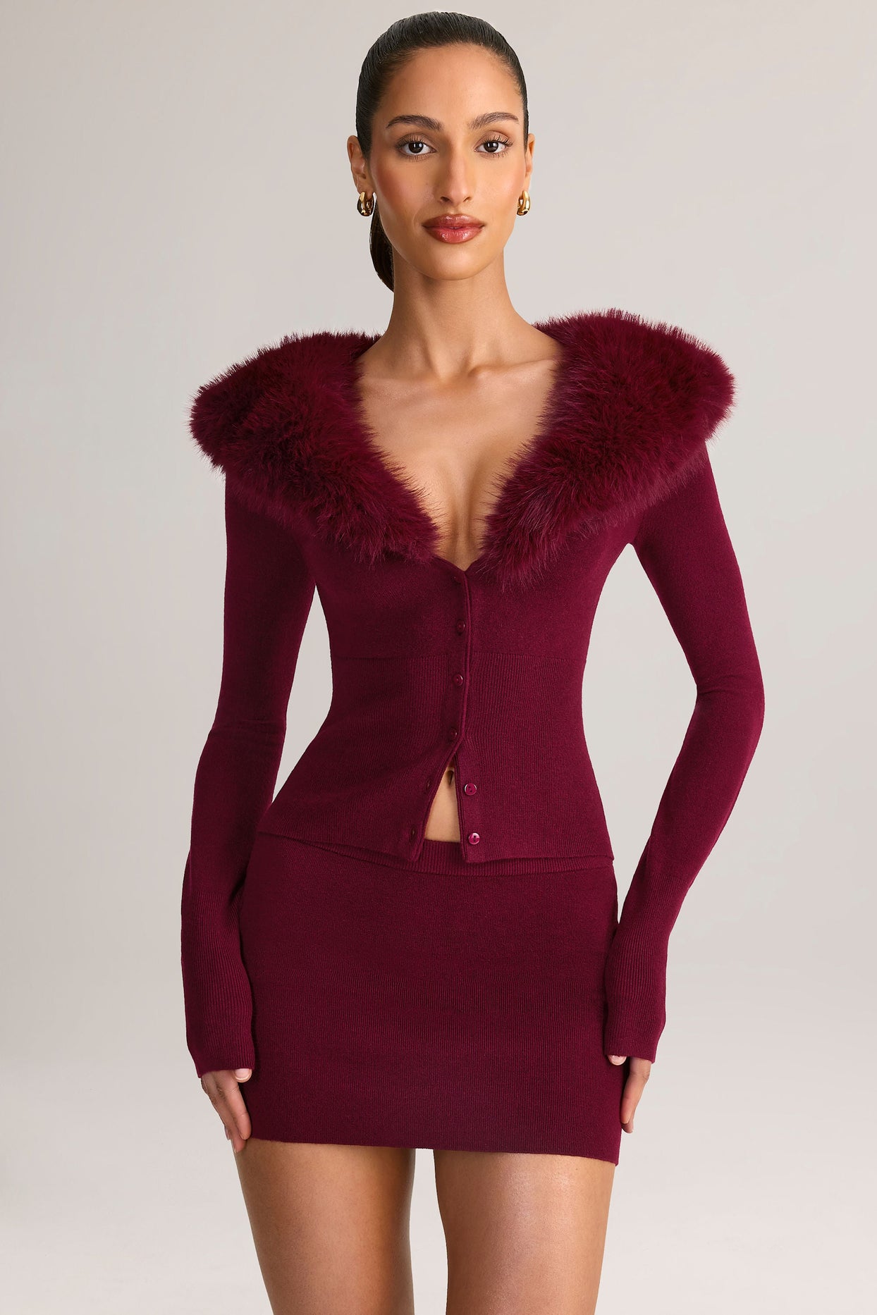 Faux Fur-Trim Cardigan in Wine