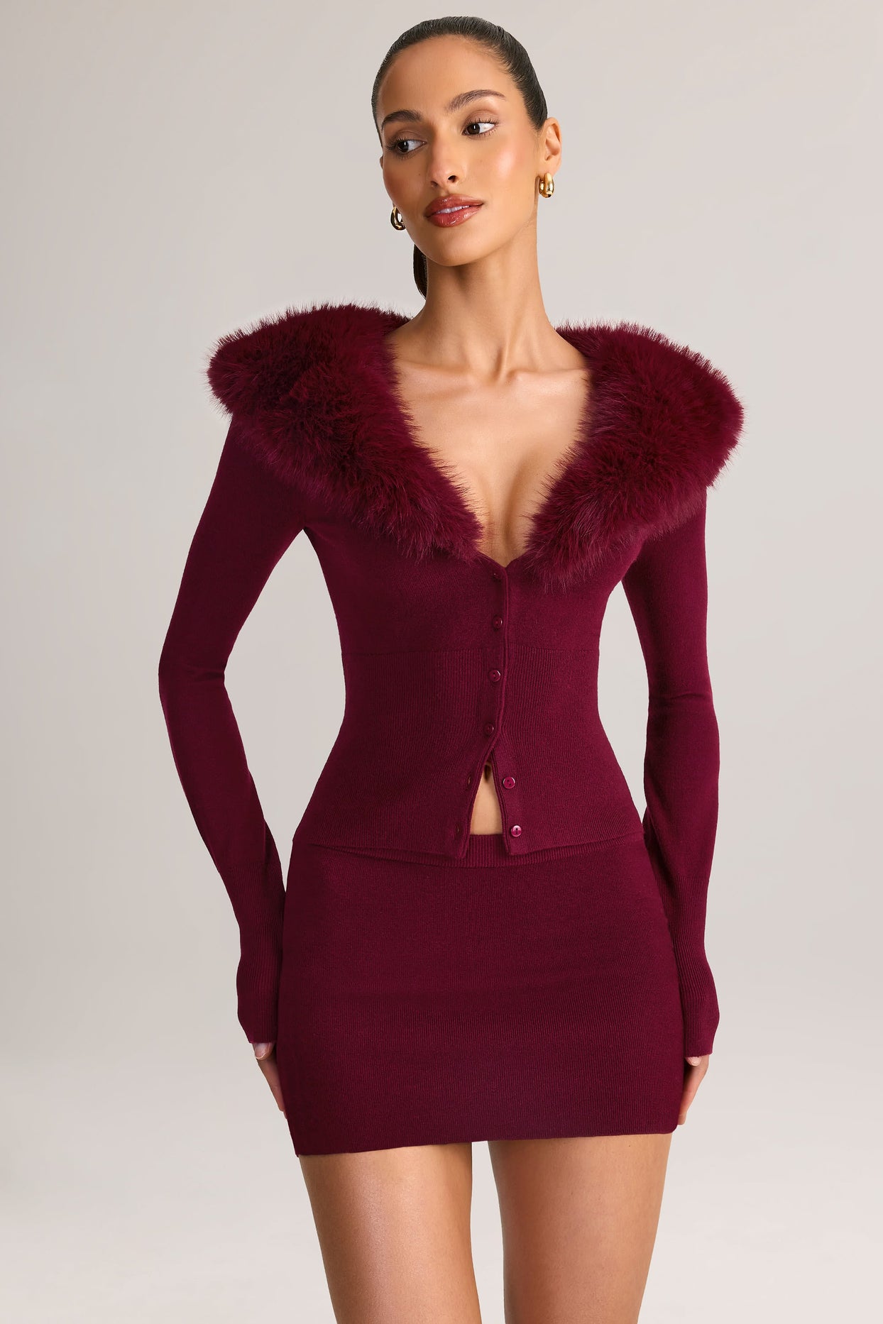 Faux Fur-Trim Cardigan in Wine