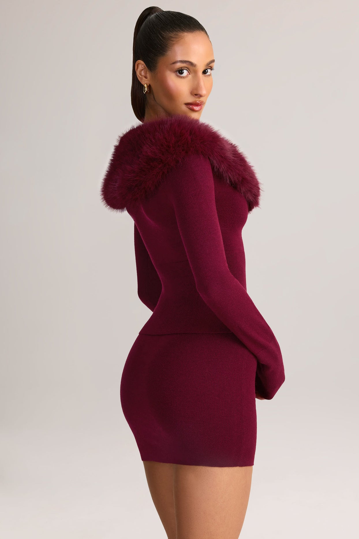 Faux Fur-Trim Cardigan in Wine