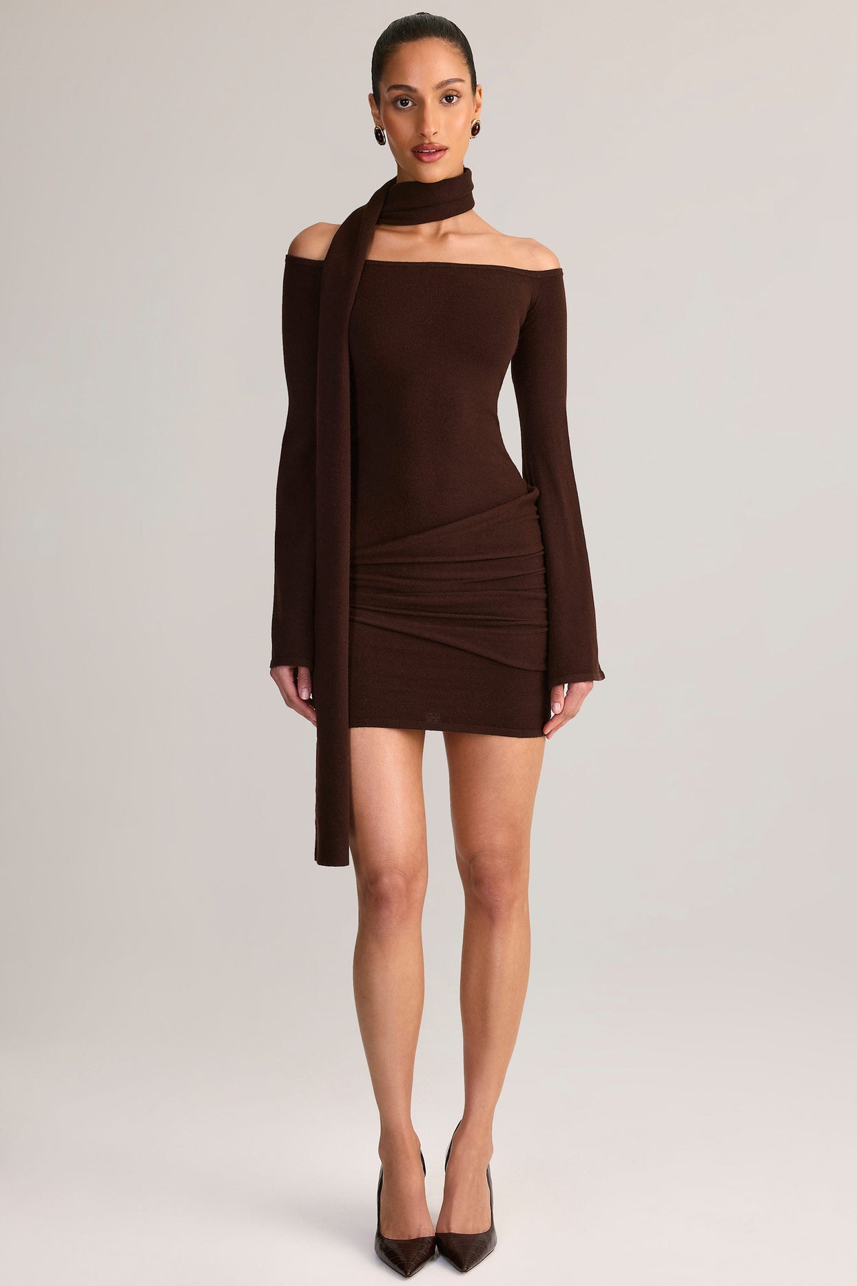 dark brown off shoulder dress Long Sleeve Off The Shoulder Slouchy Ruched Mini Dress In Brown | EGO US