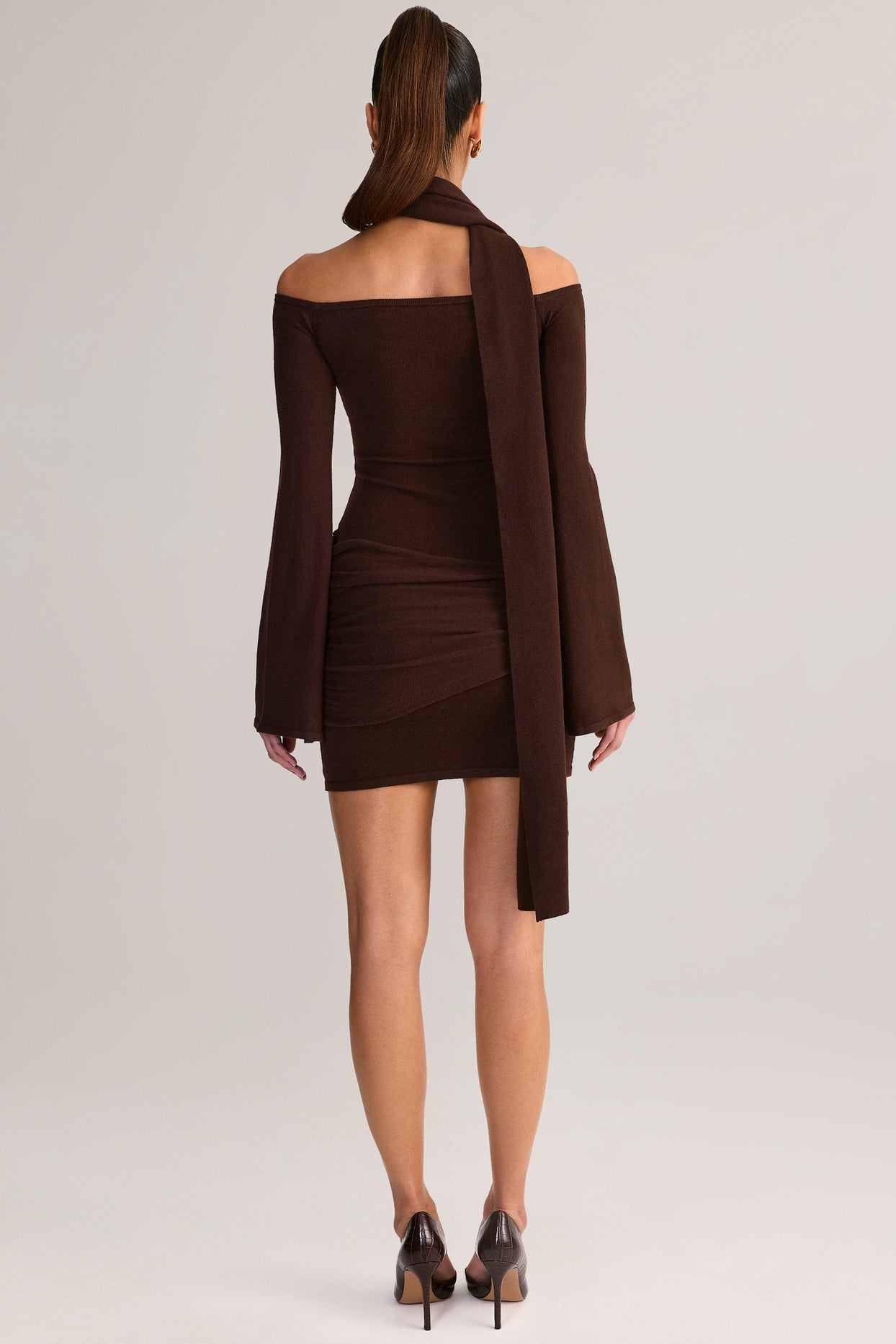 Scarf-Detail Off-Shoulder Mini Dress in Chocolate Brown