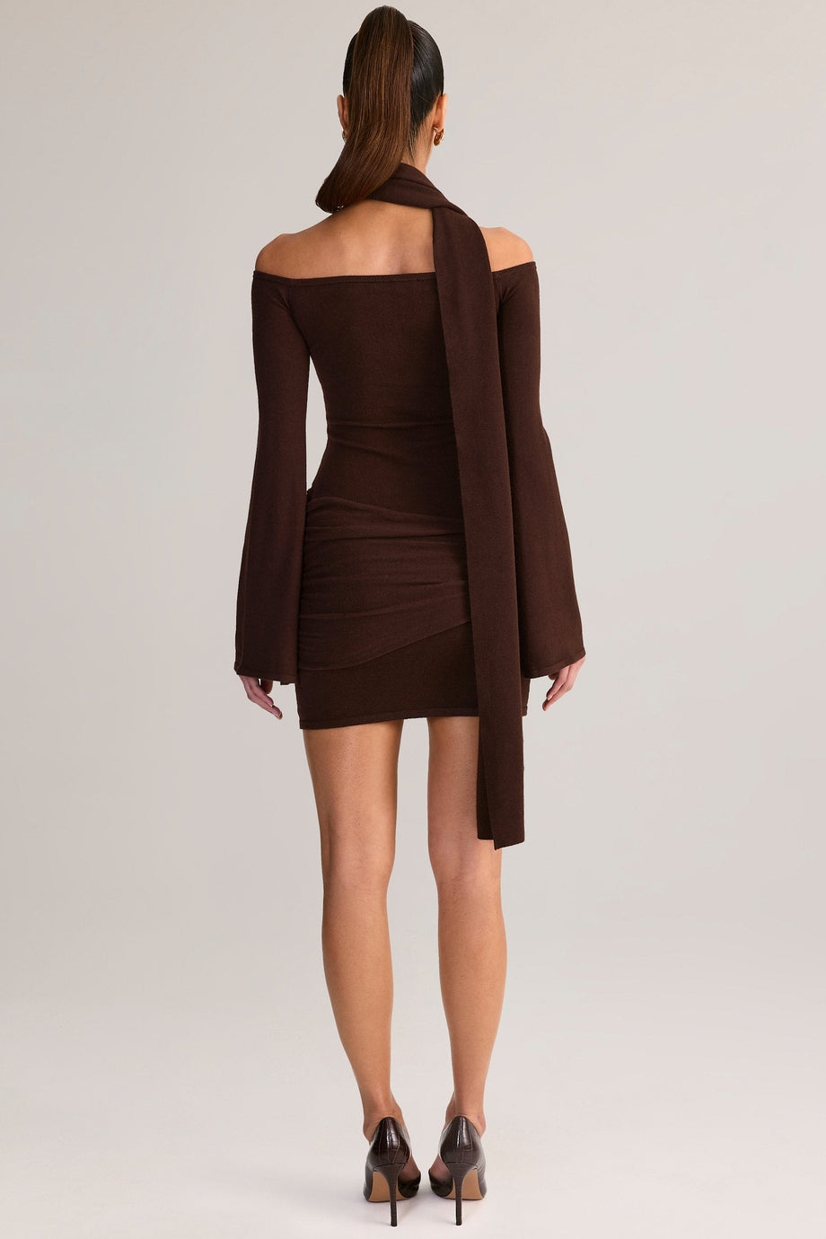 Scarf-Detail Off-Shoulder Mini Dress in Chocolate Brown