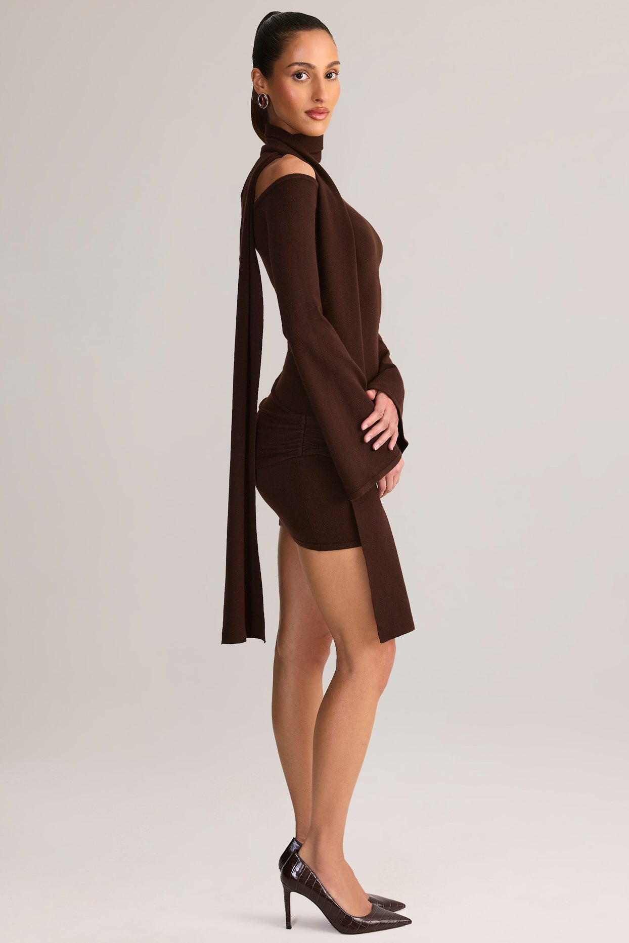 Scarf-Detail Off-Shoulder Mini Dress in Chocolate Brown