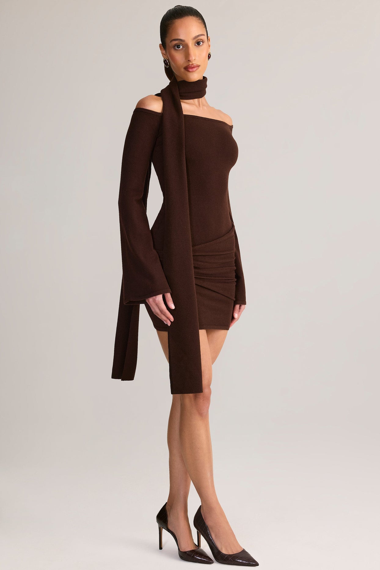 Scarf-Detail Off-Shoulder Mini Dress in Chocolate Brown